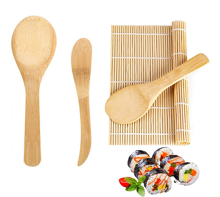 Home Kitchen 5 in 1 Bamboo Sushi Mats Rice Paddle Spreader Chopsticks Sushi Making Kit with Cloth Bag