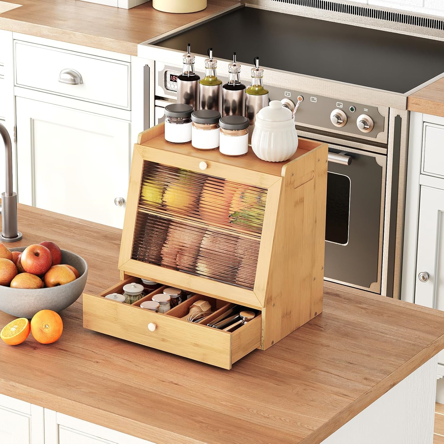 Modern 2-Tier Bamboo Bread Box Storage Container with Drawer Kitchen Countertop Food Storage Stylish Tool Storage Solution