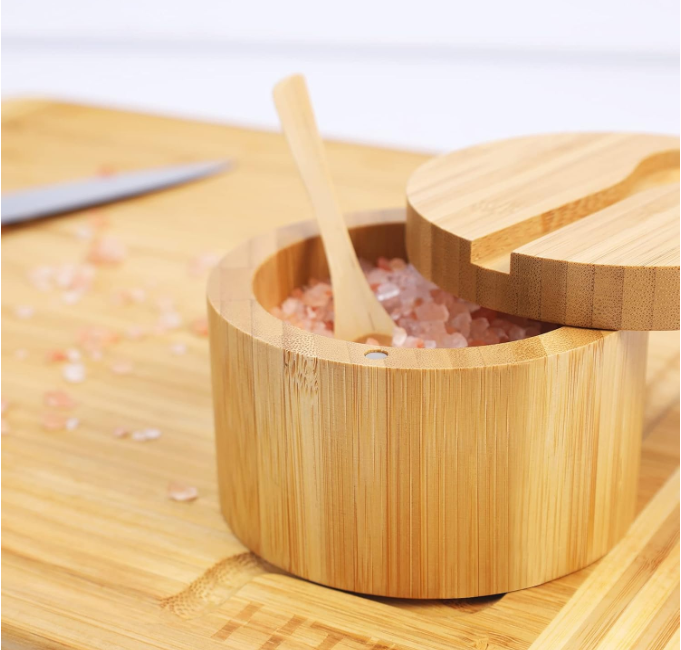 Modern Bamboo Salt Box with Swivel Magnetic Lid Round Condiment Salt Jar for Kitchen Food Cellar Salt Keeper