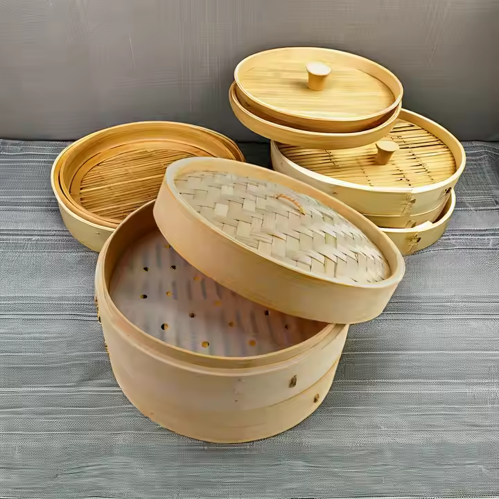 Small Order Chinese Tall 12 Inch Bamboo Vegetalble Steamer Set Wooden Handmade Cooker Yellow With Handle For Dumpling Dim Sum