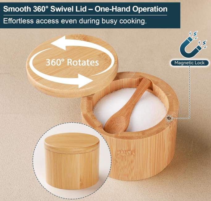 Unique Design 2 PCS Bamboo Eco-Friendly Modern Salt Cellar with Built-in Spoon Magnetic Swivel Lid for Countertop Spice Storage