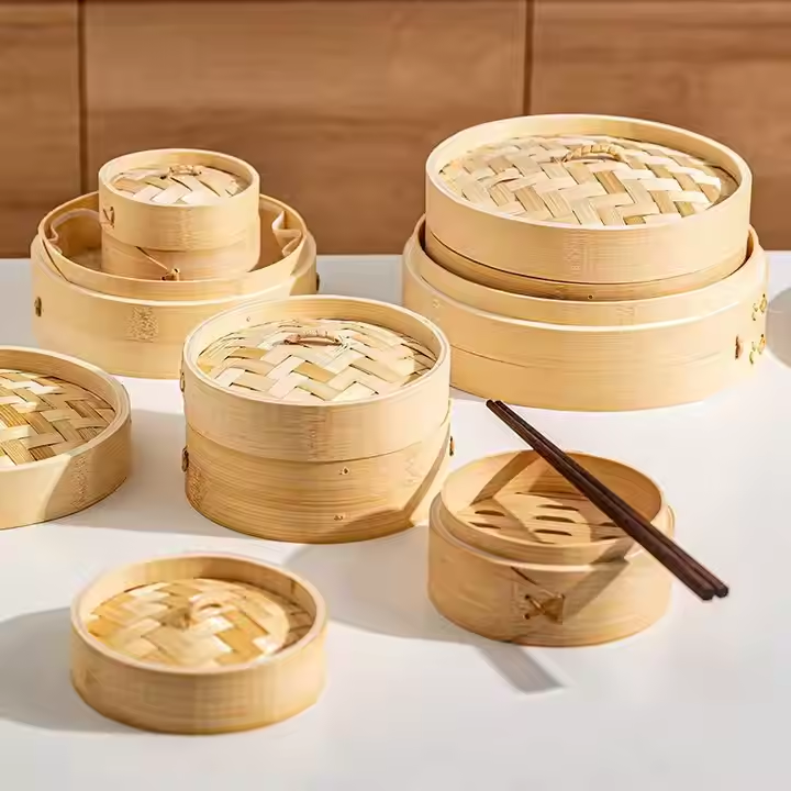 Small Order Chinese Tall 12 Inch Bamboo Vegetalble Steamer Set Wooden Handmade Cooker Yellow With Handle For Dumpling Dim Sum