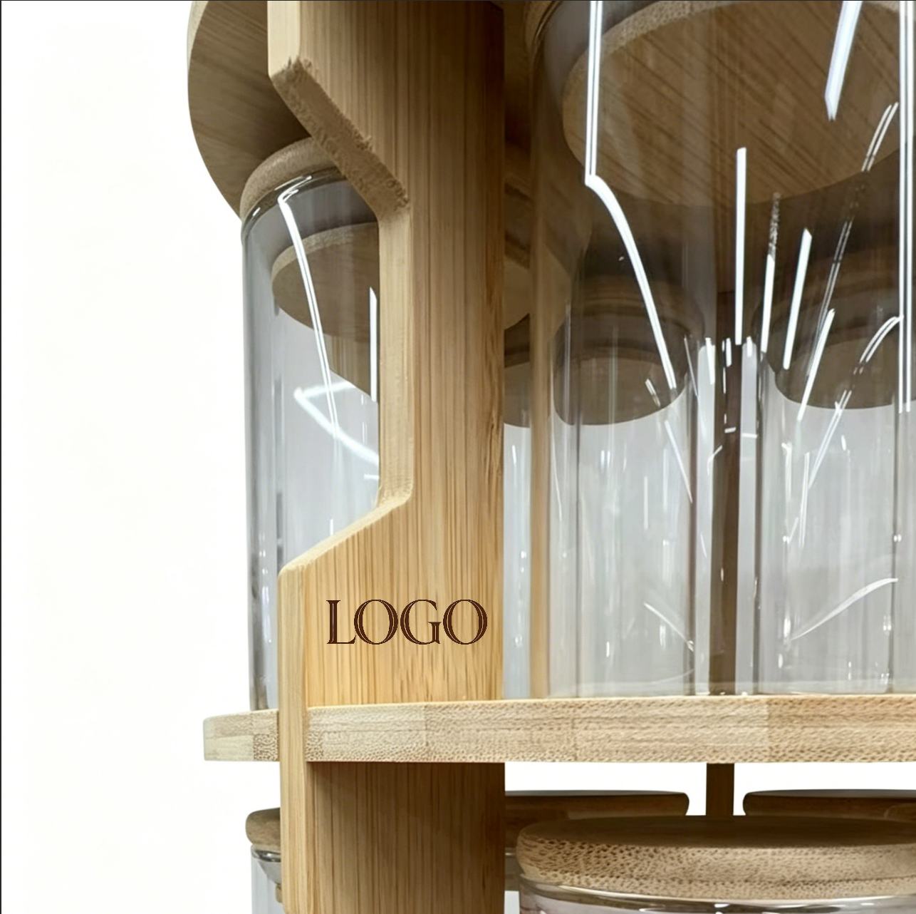 Bamboo Square Rotating 2-Tier Storage Rack with 10 Glass Jars and Cover for Kitchen Seasoning Organization