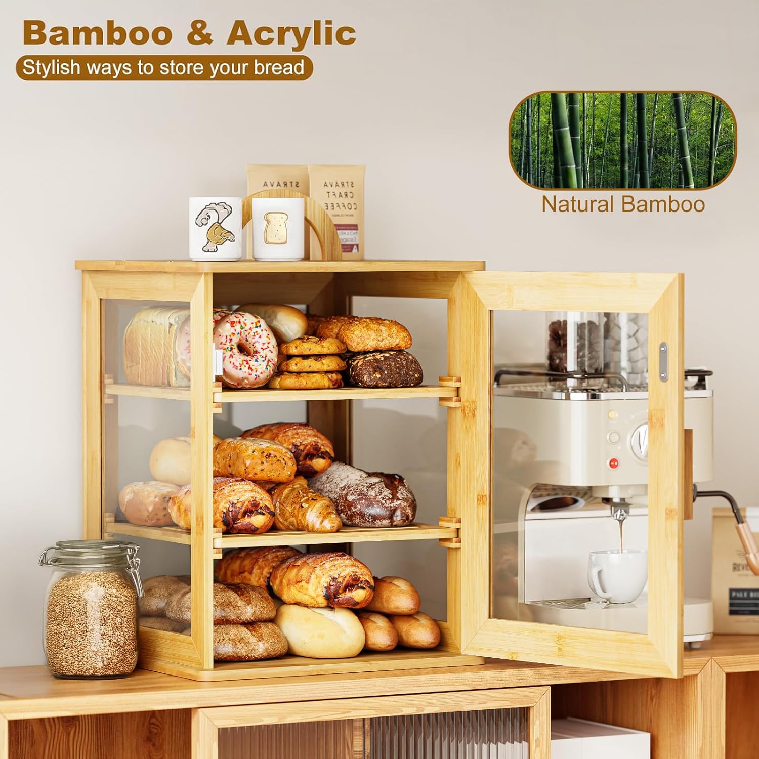 Rectangular Wooden and Bamboo Bread Box with Lacquer Technique for Storing Spices
