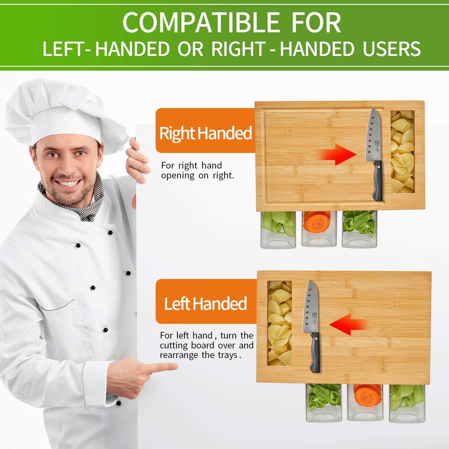 Bamboo Chopping Board with 4 Containers Large Cutting Board with Juice Grooves Kitchen Drawer Cutting Boards
