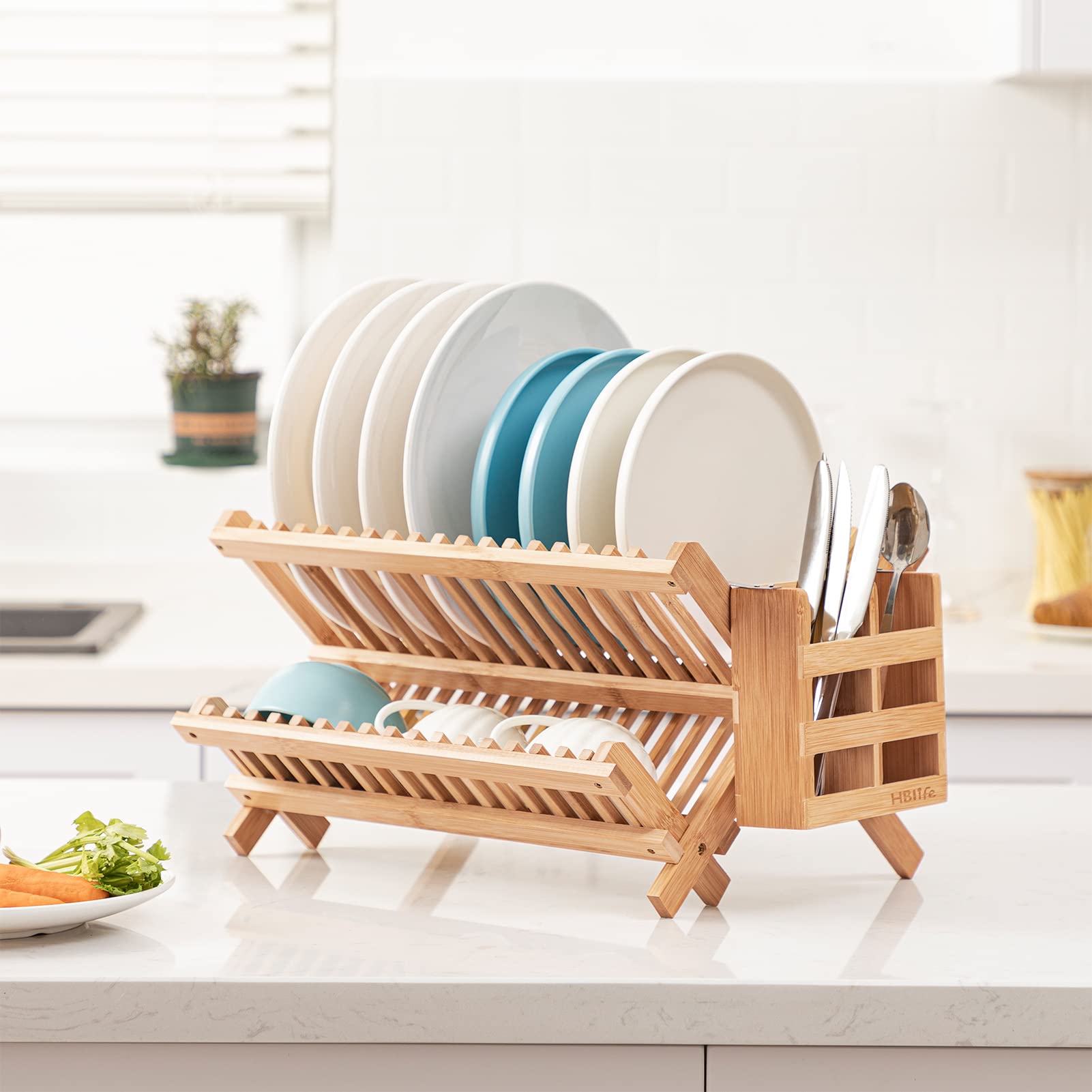 Folding Bamboo Standing Type Double Tier Dish Drying Rack Utensil Holder Home Cabinet Storage Foldable Bowl Plate Organizer