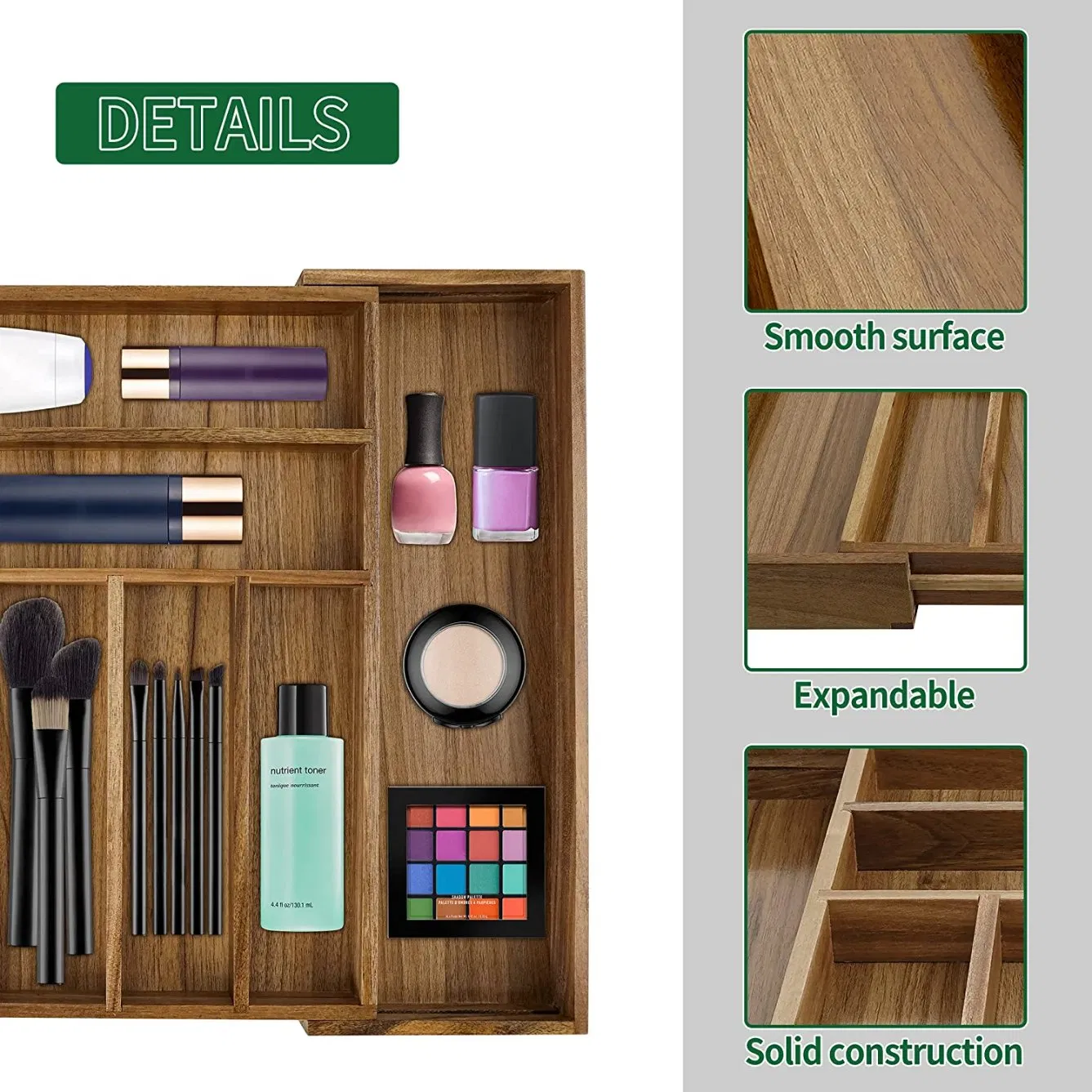 Adjustable and Expandable Acacia Wood Cutlery Tray Cutlery Drawer Organizer
