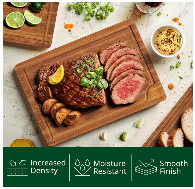FSC Certified Set of 3 Bamboo Wood Cutting Boards with Deep Juice Groove Kitchen Serving Chopping Board Set with Side Handles