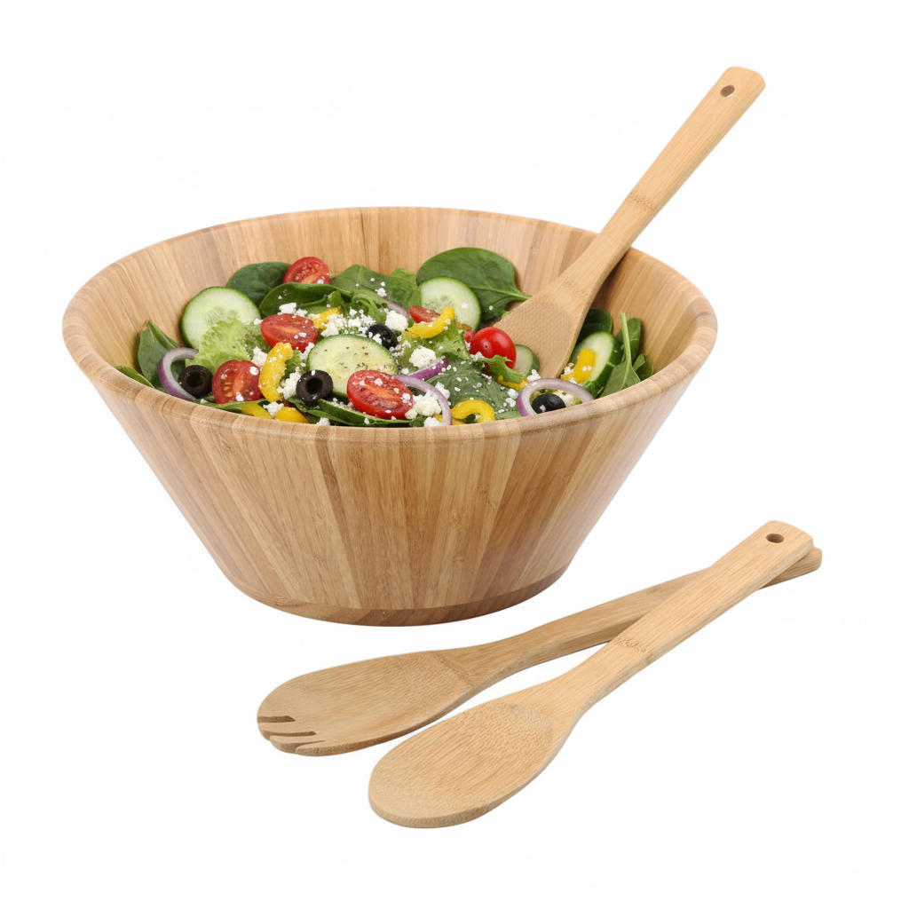 2026 Bamboo Wood Salad Bowl Set with Utensils, 12 Inch Bamboo Salad Fruit Serving Bowl
