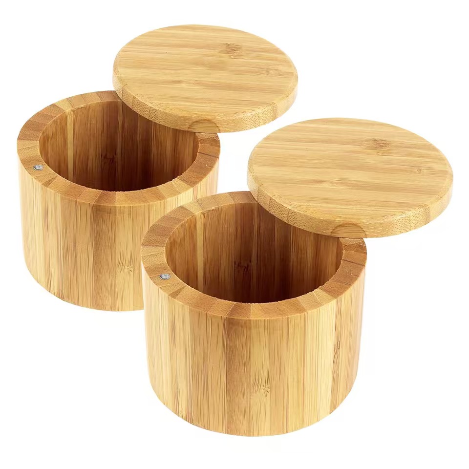 Modern Bamboo Countertop Spice Box Swivel Lid Salt Cellar for Sea Salt Herbs Storage Magnetic Feature for Kitchen Food Storage