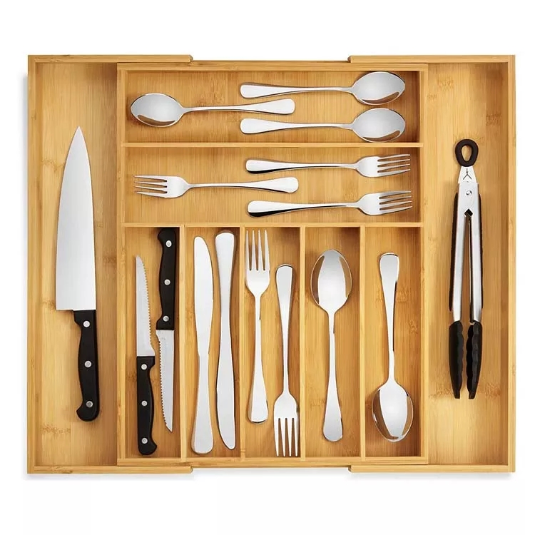 Bamboo Kitchen Utensils Adjustable Cutlery Drawer Organizer Tray