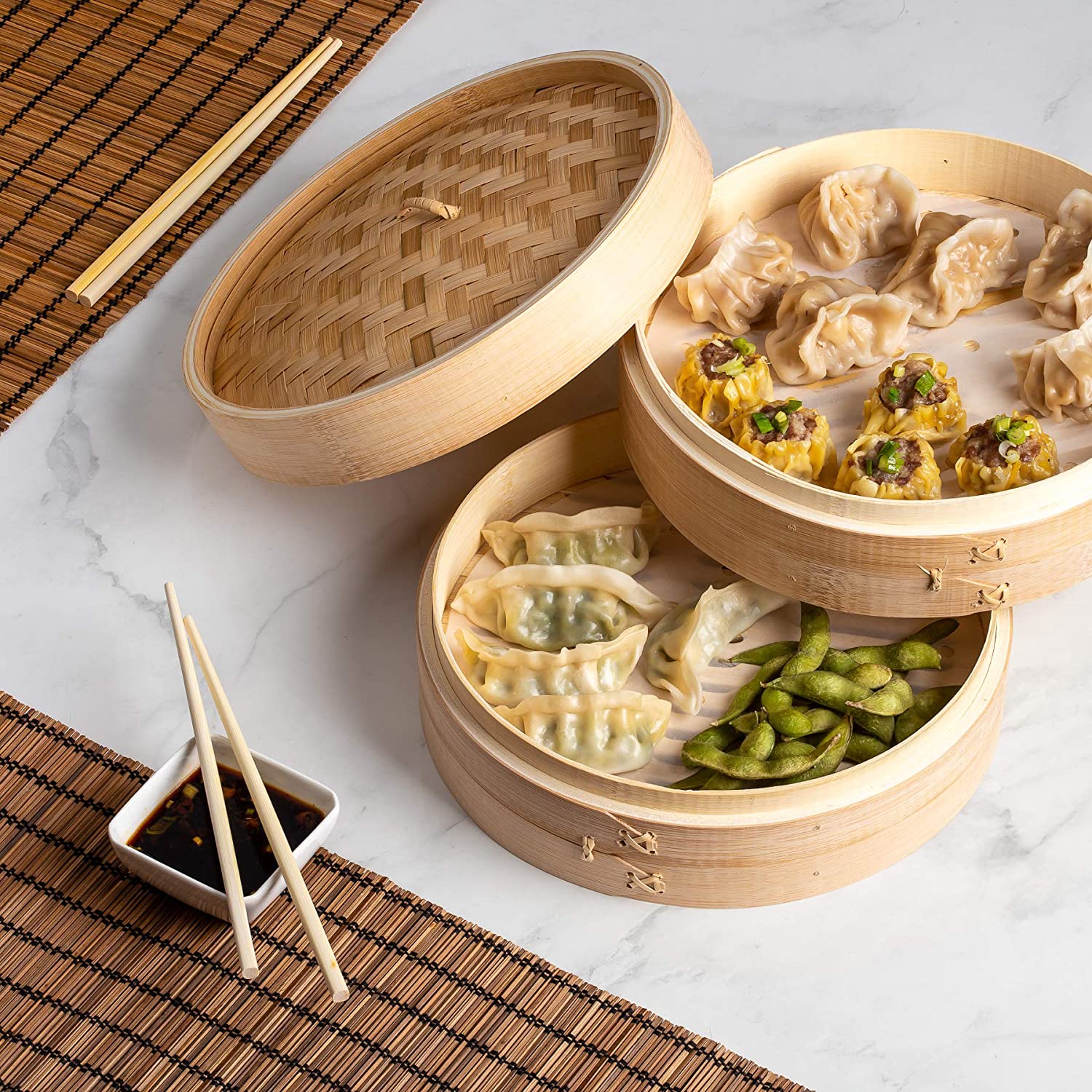 10'' Whole Sale Factory Large Tan Bamboo Steamer Steaming Basket for Vegetable Seafood Dim Sum Dumpling Bun Egg With Lid