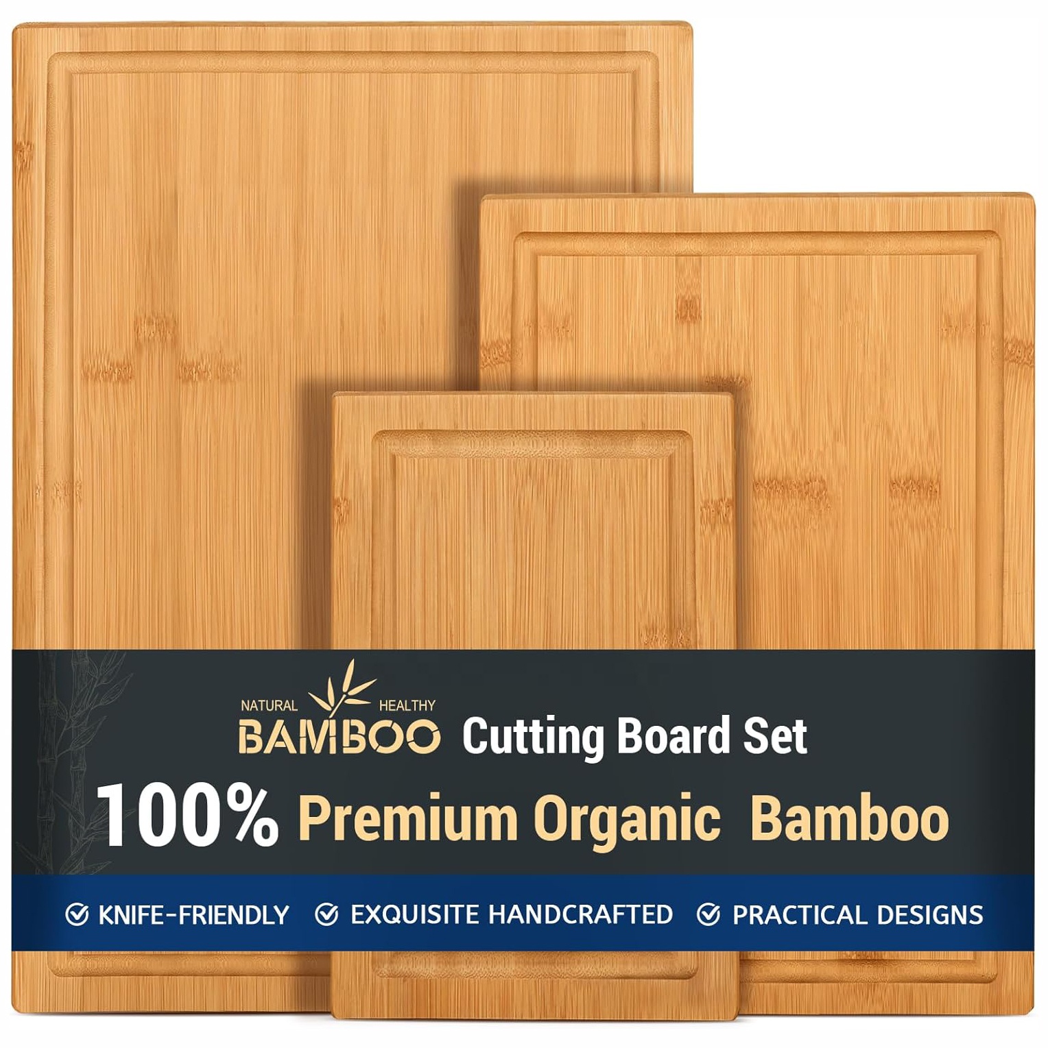 Premium 3-Piece Commercial Bamboo Cutting Board Set for Restaurant and Kitchen Use with Juice Grooves and Custom Logo Option