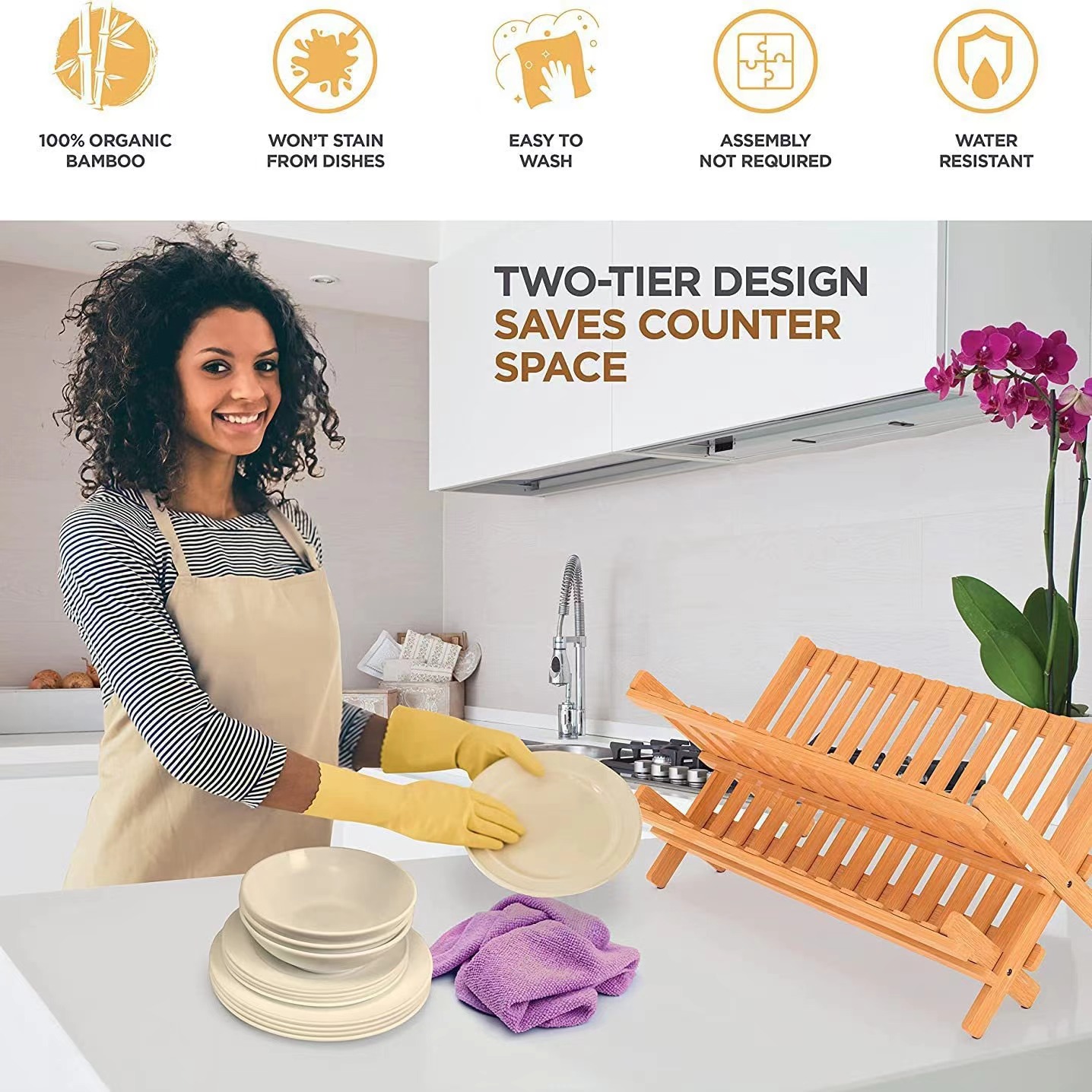Collapsible 2-Tier Bamboo Wooden Dish Drying Rack Drainer Foldable for Restaurant Kitchen Counter Large Utensil Commercial
