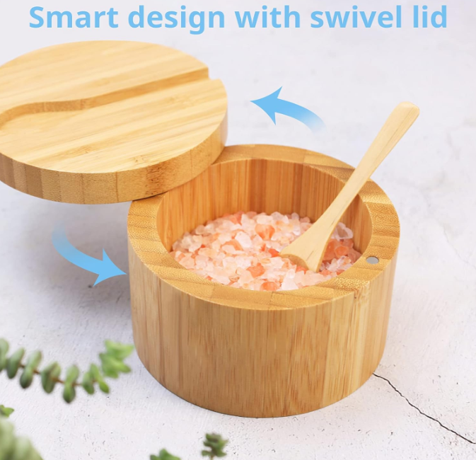 Modern Bamboo Salt Box with Swivel Magnetic Lid Round Condiment Salt Jar for Kitchen Food Cellar Salt Keeper