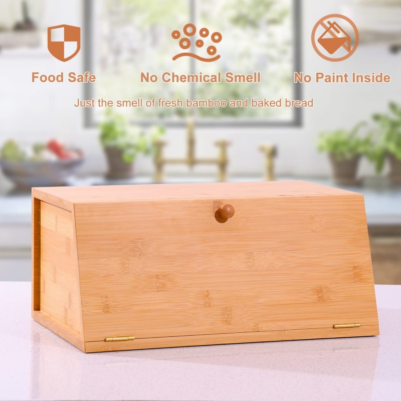 Large Bamboo Bread Storage Container Food Organizer Wooden Bread Box for Kitchen