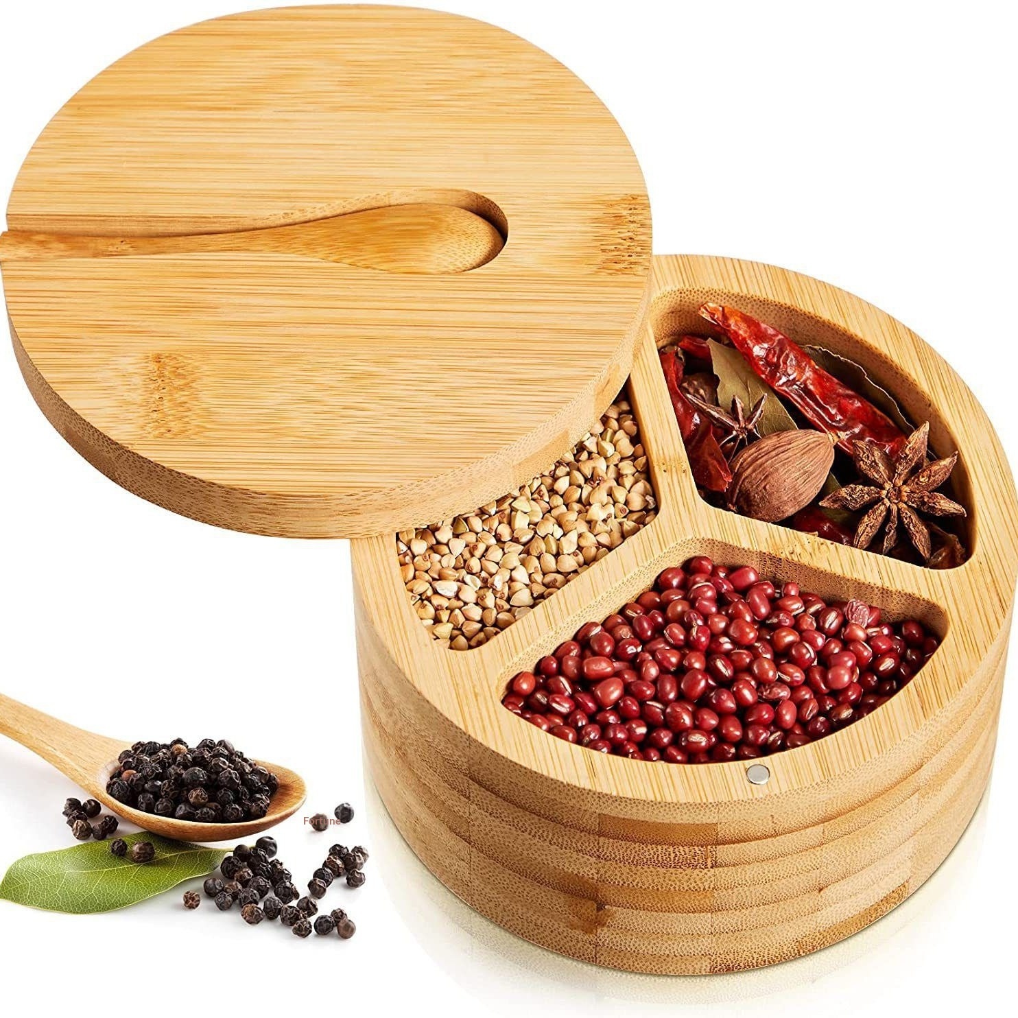 Bamboo Modern Salt Cellar Wood Storage Box Magnetic Swivel Lid Food Spices Freshness Preserved Modern Home