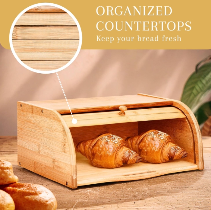 Modern Retro Style Square Bamboo Bread Box Japanese Kitchen Countertop Storage with Tableware Function