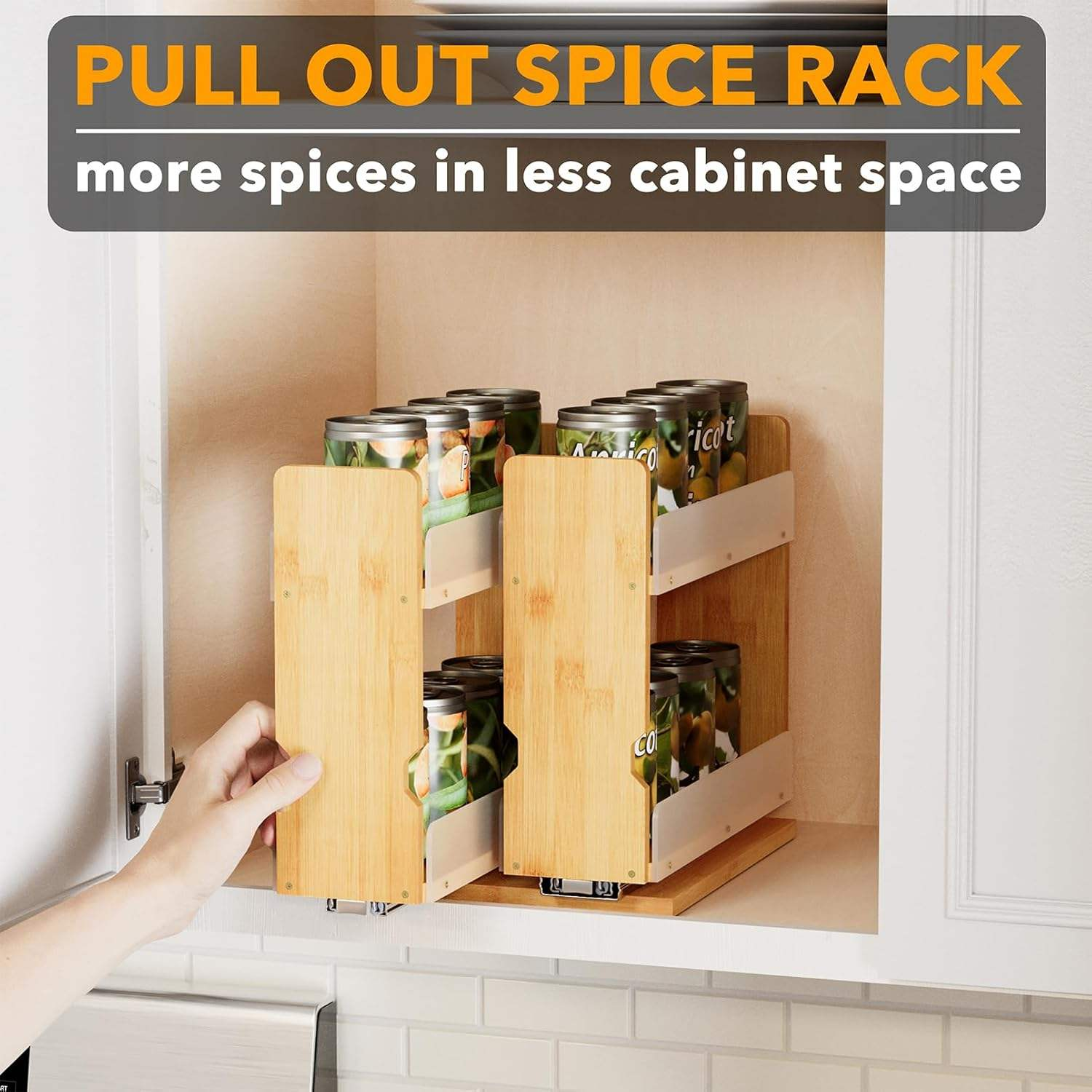 Vertical Organization Sliding Bamboo Seasoning Holder Pull Spice Rack Organizer Portable 2 Drawers Shelves for Cabinet Kitchen