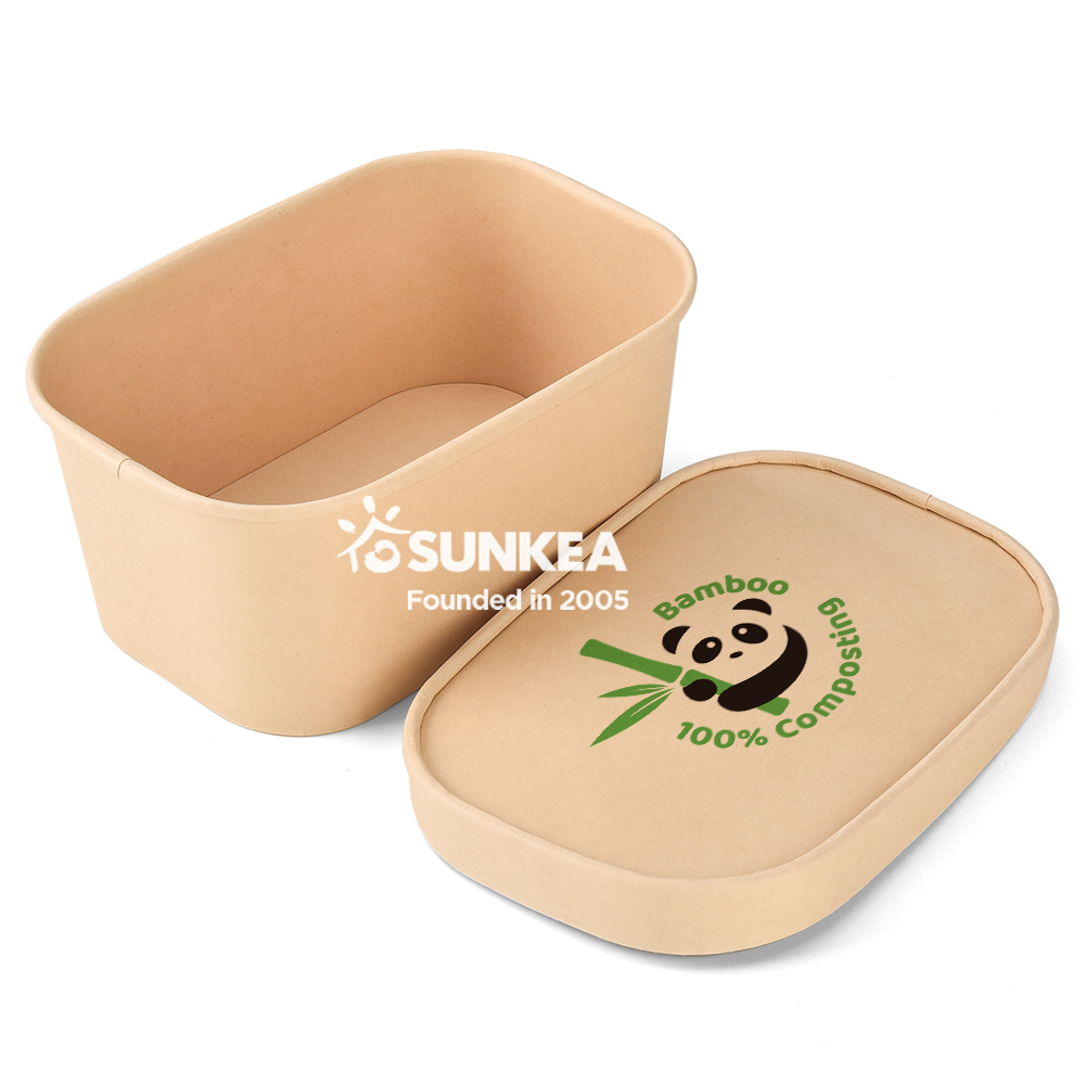 Disposable Logo Printed Rectangular Biodegradable Bamboo Salad Paper Bowl with Lid