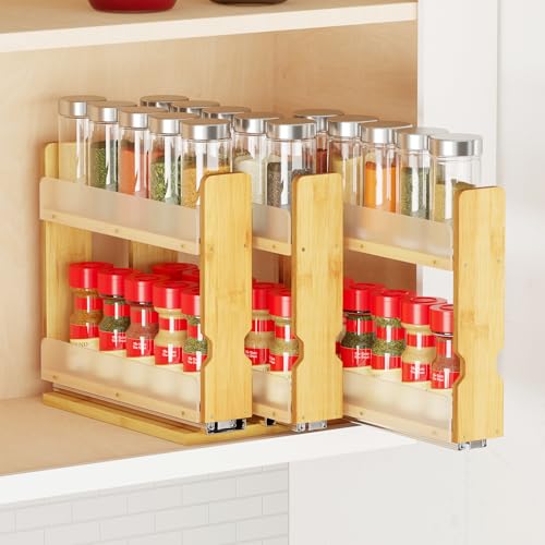 Natural Bamboo Pull Out Spice Rack Organizer Heavy Duty Slide Out Seasoning Kitchen Pantry Sliding Vertical Organization