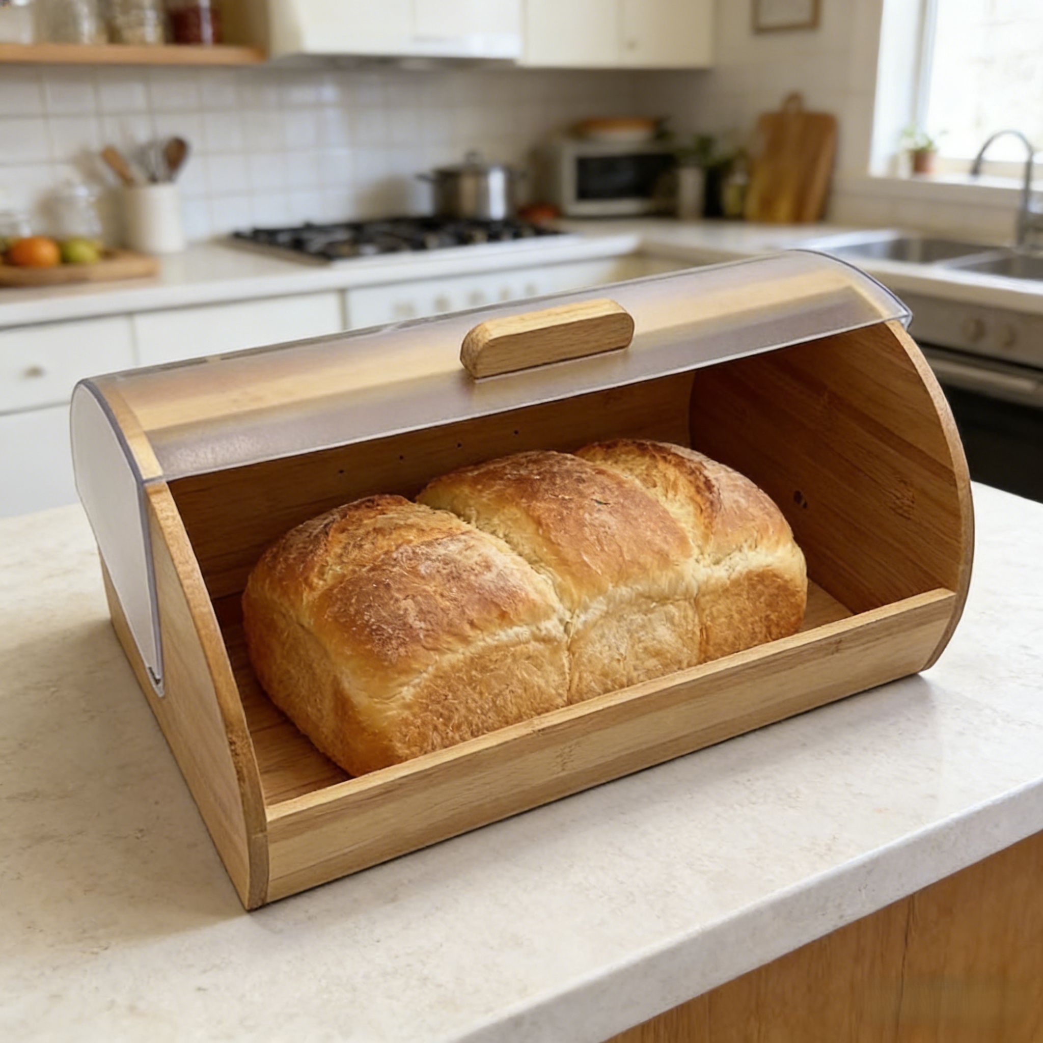 Bamboo Modern Eco-Friendly Bread Storage Box See-Through Roll Top 3-6L Countertop Food Container Home Commercial
