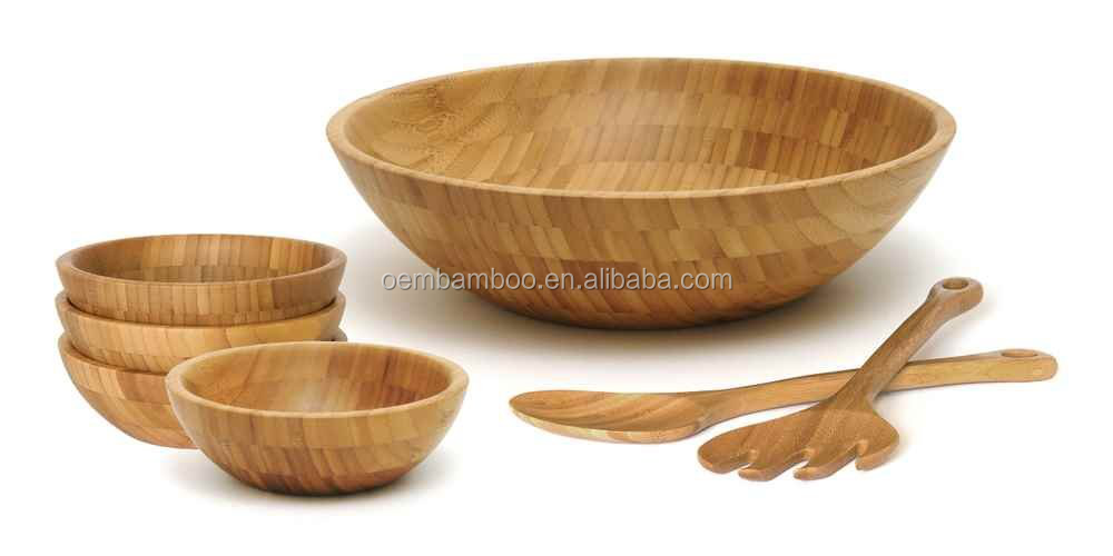 Large 7 Pieces Set Bamboo Wood Salad Bowl with 2 Server Utensils