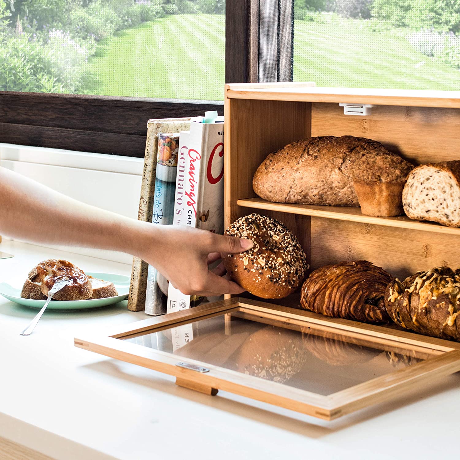 Bamboo Bread Box with Clear Front Window Kitchen Large Bread Box 2 Layer Farmhouse Style Bread Bin for Counter