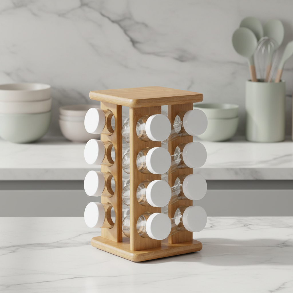 Countertop Square Seasoning Tower Organizer Bamboo Wooden Revolving Spice Rack Sets with 16 Jars
