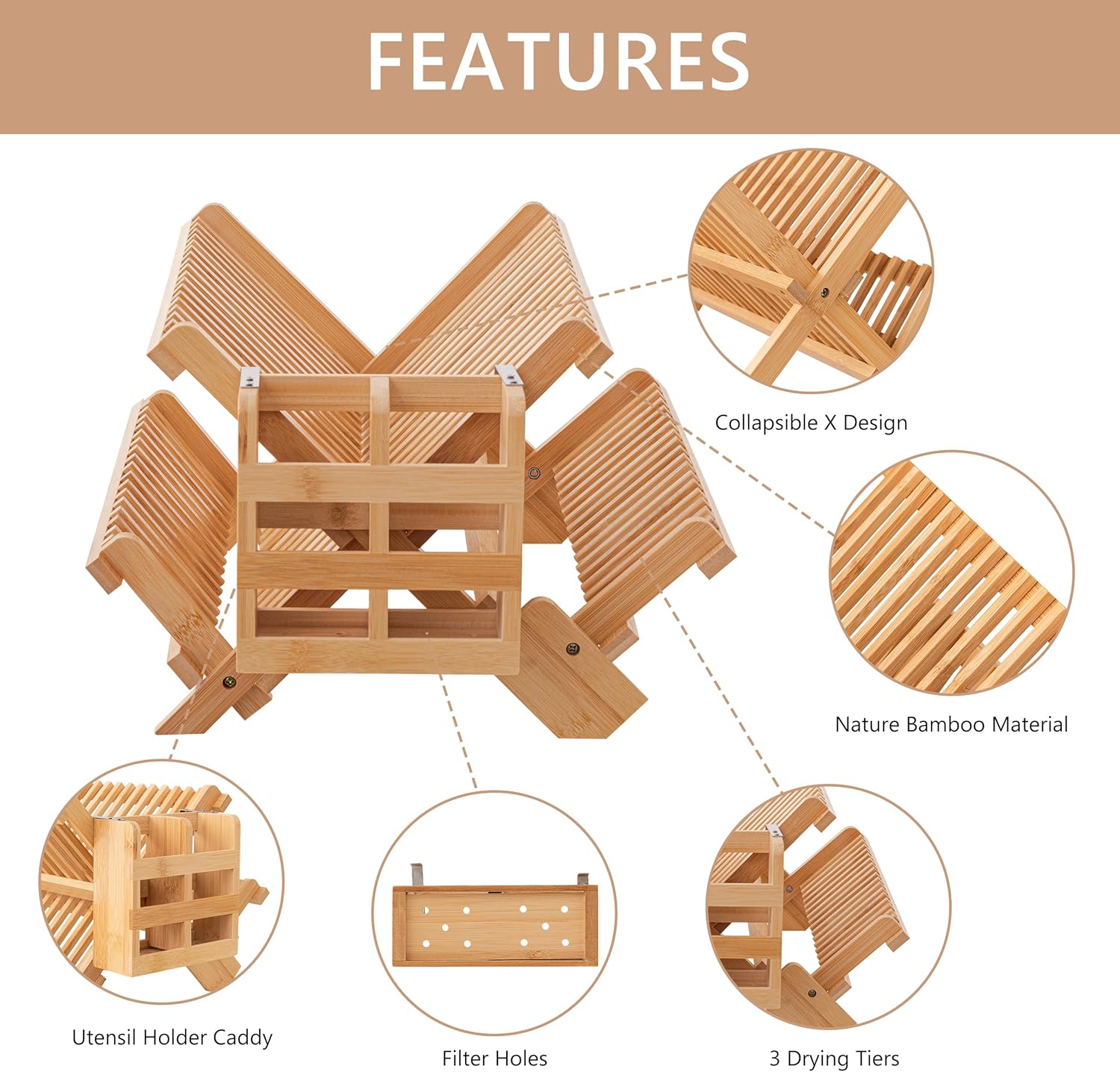 Three-Tier Foldable Bamboo Carton Storage Rack Air Drying Kitchen Dish Rack for Plates Bowls Home Use Cleaning Tool