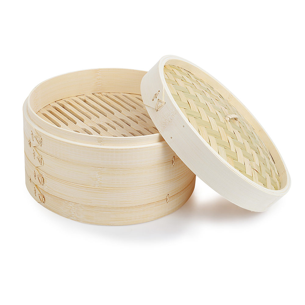 Hot Sale Bamboo Steamer 10 Inch 2 Tier Basket for Dumplings Dim Sum Bao Bun Vegetables Rice Meat and Fish