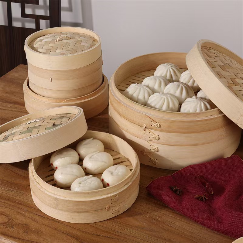 2025 New Eco-Friendly Bamboo Food Steamer Basket Set Mini Dumpling DimSum Cooker 3L Capacity 2 Layers Wholesale