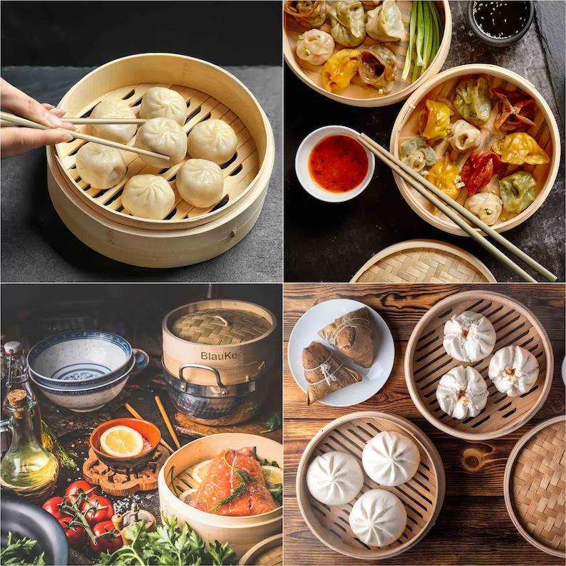 Best Selling Eco-Friendly 2-Tier Natural Bamboo Steamer Set with Customized Size Custom Logo for Vegetable Fish &amp; Meat Cooking