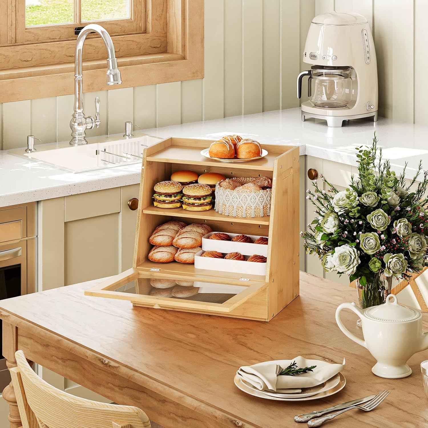 Modern 2-Tier Bamboo Bread Box Storage Container with Drawer Kitchen Countertop Food Storage Stylish Tool Storage Solution