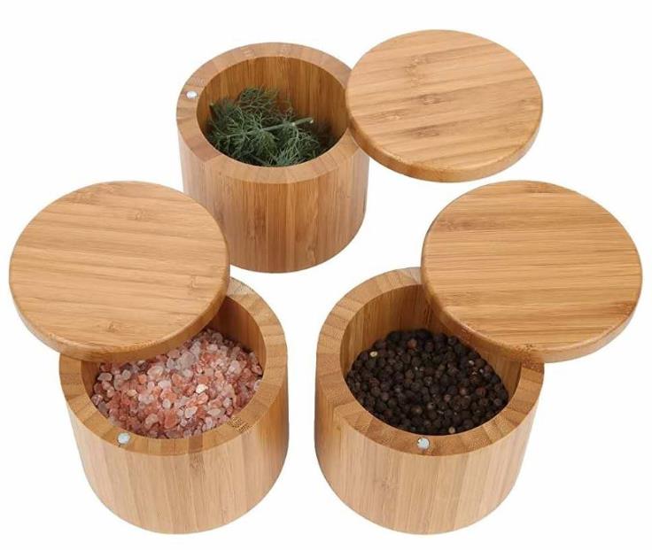 Natural Bamboo Salt Cellar Spice Container Seasoning Pepper Wooden Salt Box Bamboo Salt Box With Mini Spoon