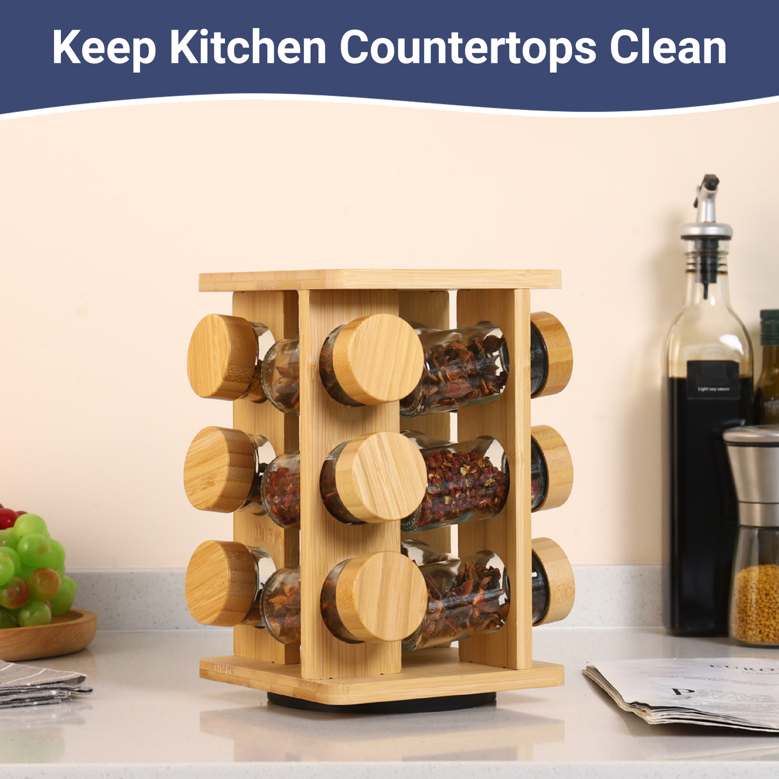 Modern Standing Type Bamboo Rotating Spice Rack Organizer Wooden Revolving Dinnerware Cleaning Tool Storage Easy Installation