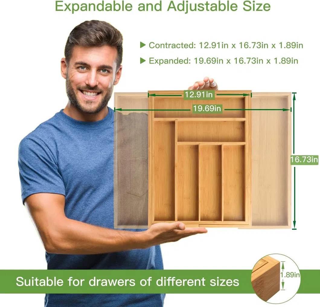 Bamboo Expandable Drawer Organizer for Utensils Holder, Adjustable Cutlery Tray