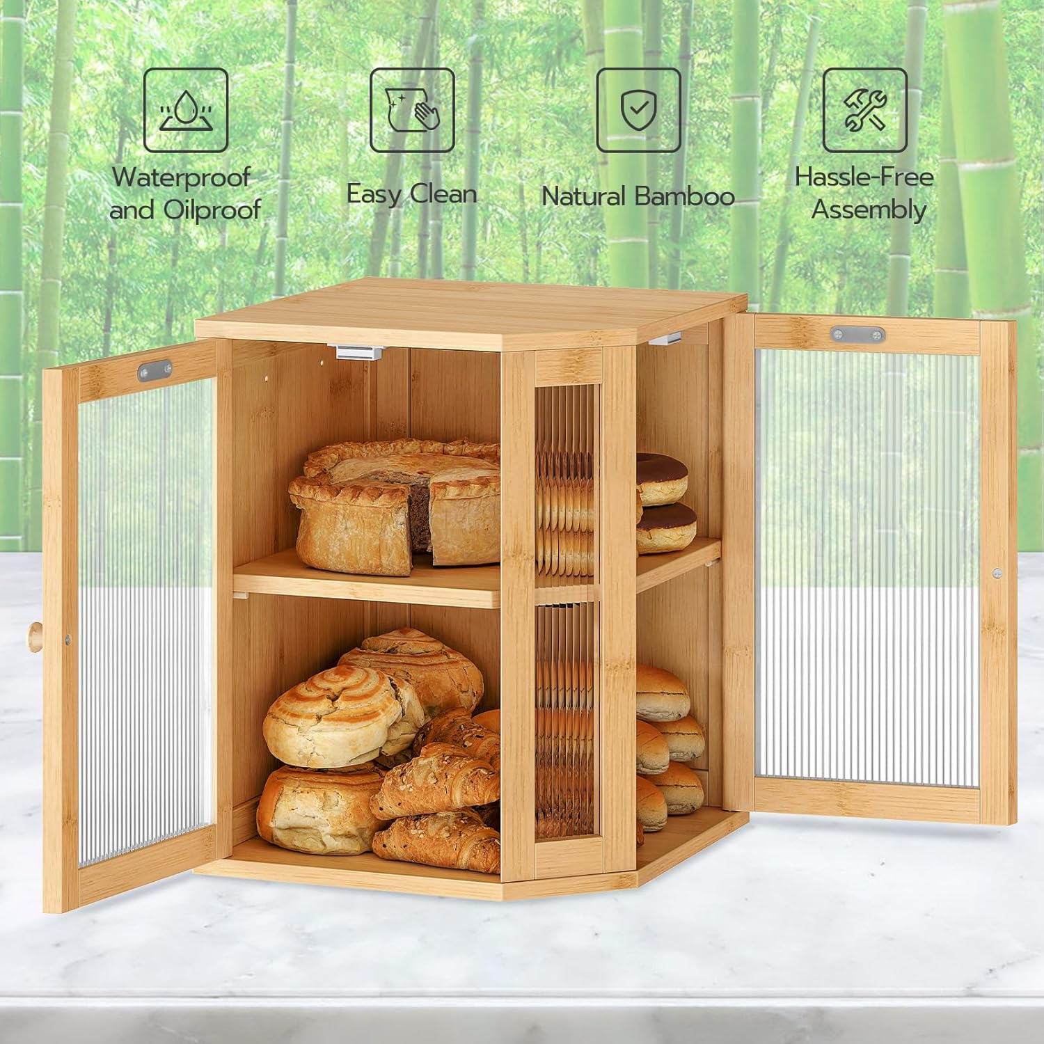 Bamboo and Wood Bread Box Kitchen Countertop Corner Food Sorting Storage Box Corrugated Transparent Door