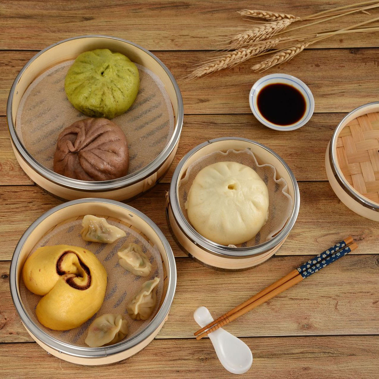 Eco-friendly 30 cm Double Layer Shumai Bamboo Steamer Cooking Dumpling Rice Cake Basket Stainless Steel Ring 7L Capacity Gas