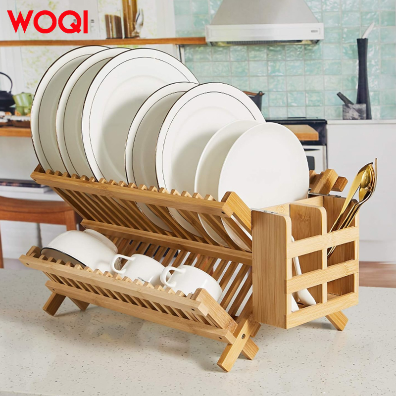 WOQI Bamboo Dish Drying Rack with Utensil Holder for Kitchen Counter, Apartment Essentials Kitchen Plate Holder