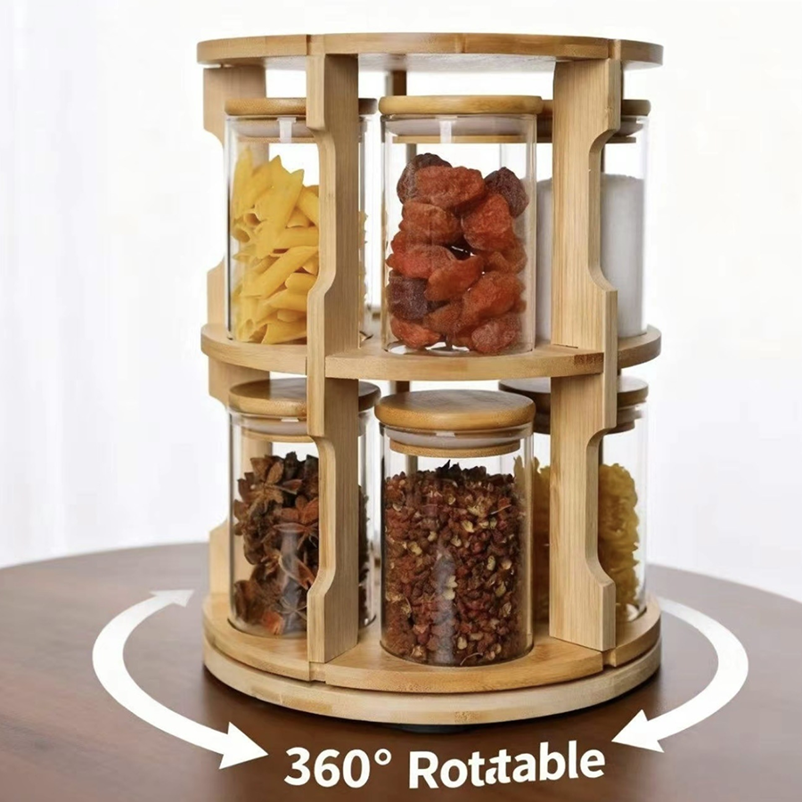 OEM Bamboo Rotating Spice Rack with 10 Glass Jars 2 Tier 360 Revolving Kitchen Countertop Seasoning Organizer
