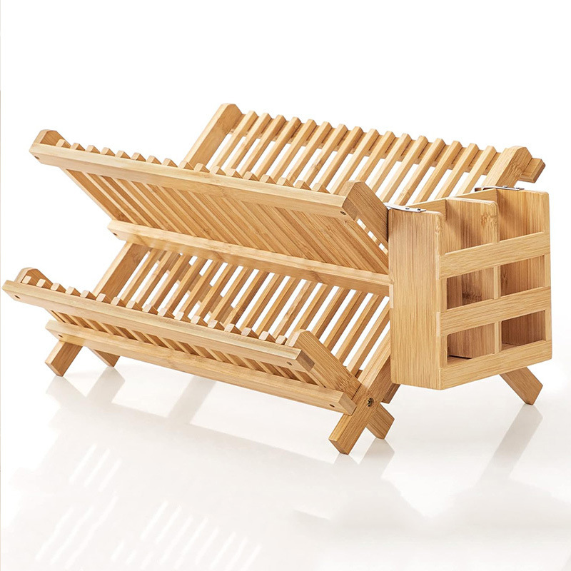 Double-Layer Bamboo Dish Drain Rack Stand Type Household Storage for Dinnerware Multi-Tier Holder