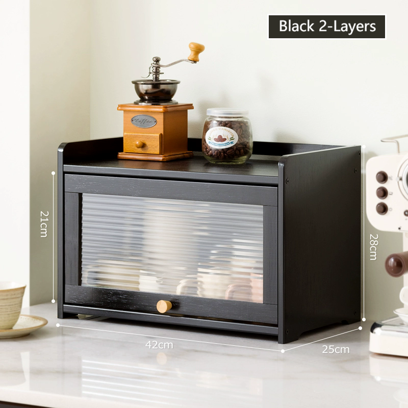 Black Desktop Large Bamboo Bread Box Lockers Tabletop Multi-layers Storage Cabinets Cosmetic Container with Clear Acrylic Window