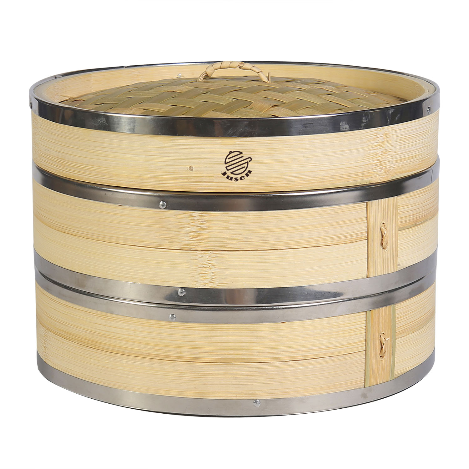 JUSEN Handcrafted Chinese Bamboo Steamer Basket with Stainless Steel Ring for Dim Sum Soup Dumpling Cooking Wood Steamer
