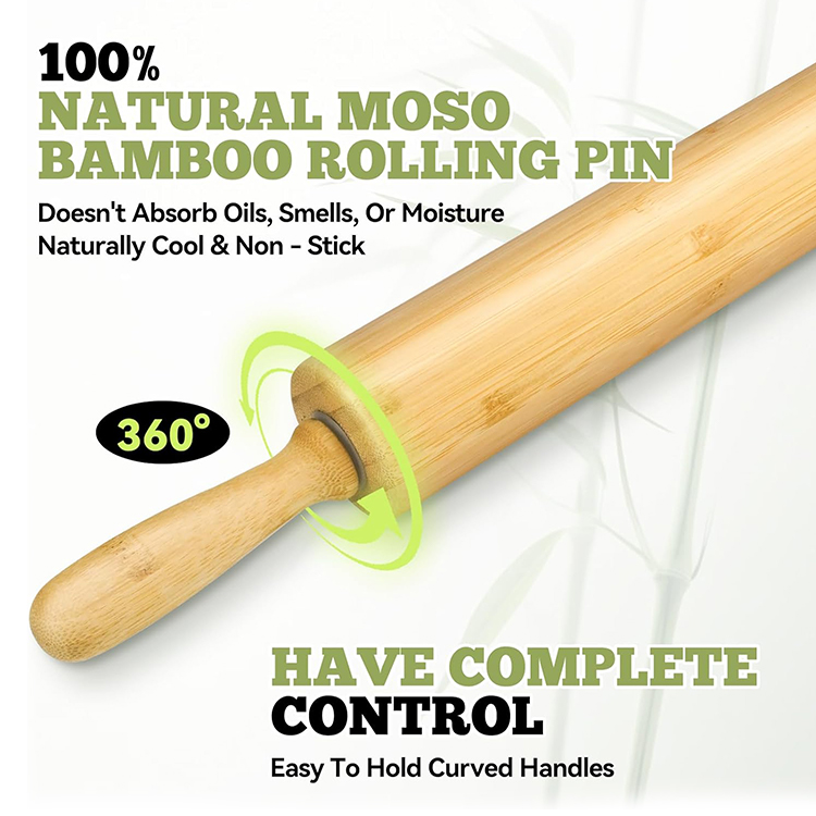 WDF Natural Bamboo Eco-friendly Dough Roller 360&deg; Rotation Cookie Dumpling Skin DIY Tool Non-stick Rolling Pin for Baking