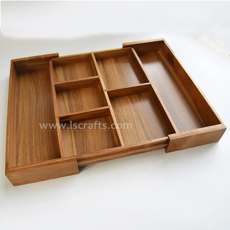 Acacia Wooden Extensible Cutlery Tray Expanded