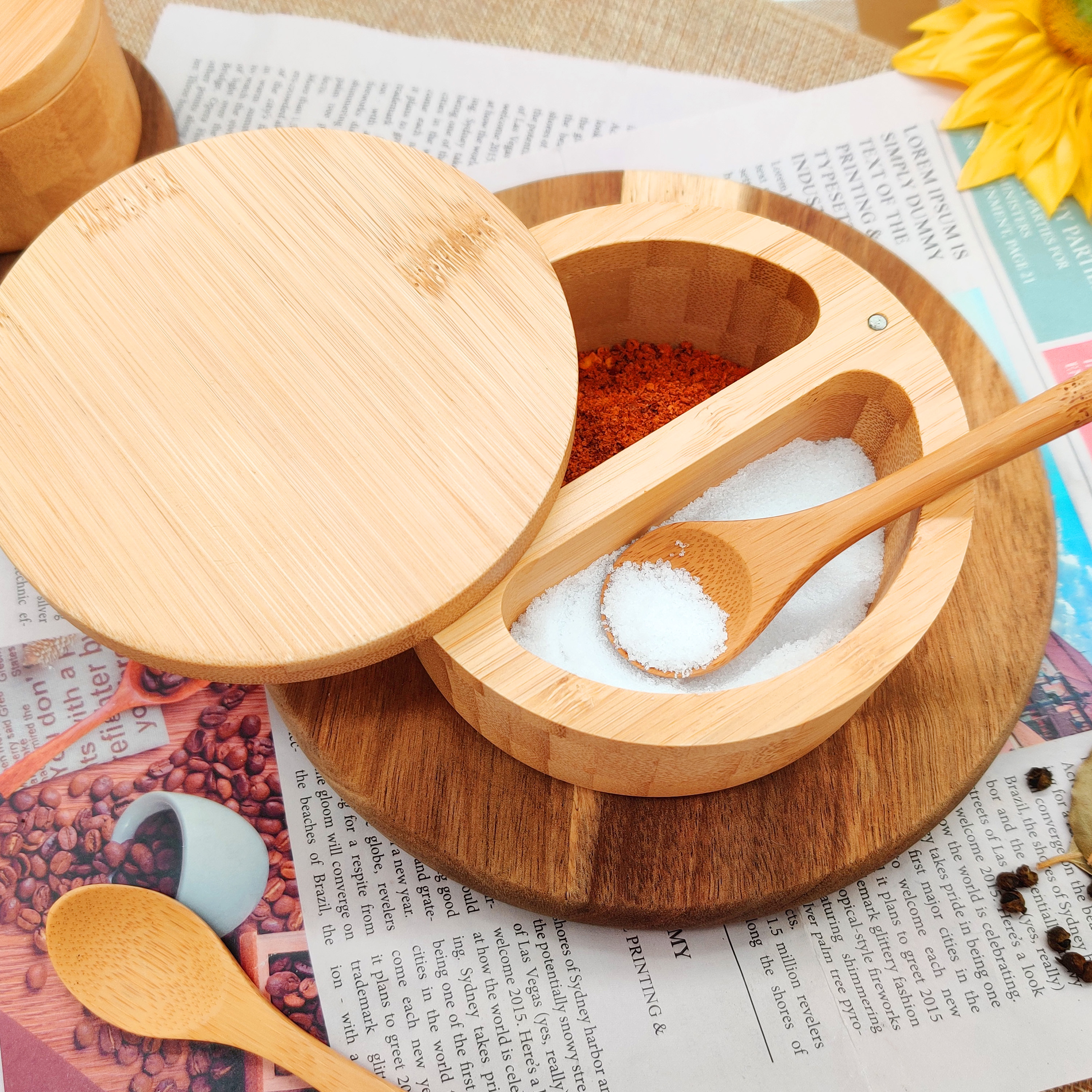 Kitchen Salt Pepper Spice Cellars Storage Container with Swivel Magnetic Lid Bamboo Seasonings Box