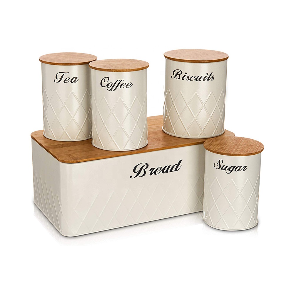 Metal Kitchen Canister Bread Box Bread Bin Tea Sugar Coffee Canister Set With Bamboo Lid Storage Container