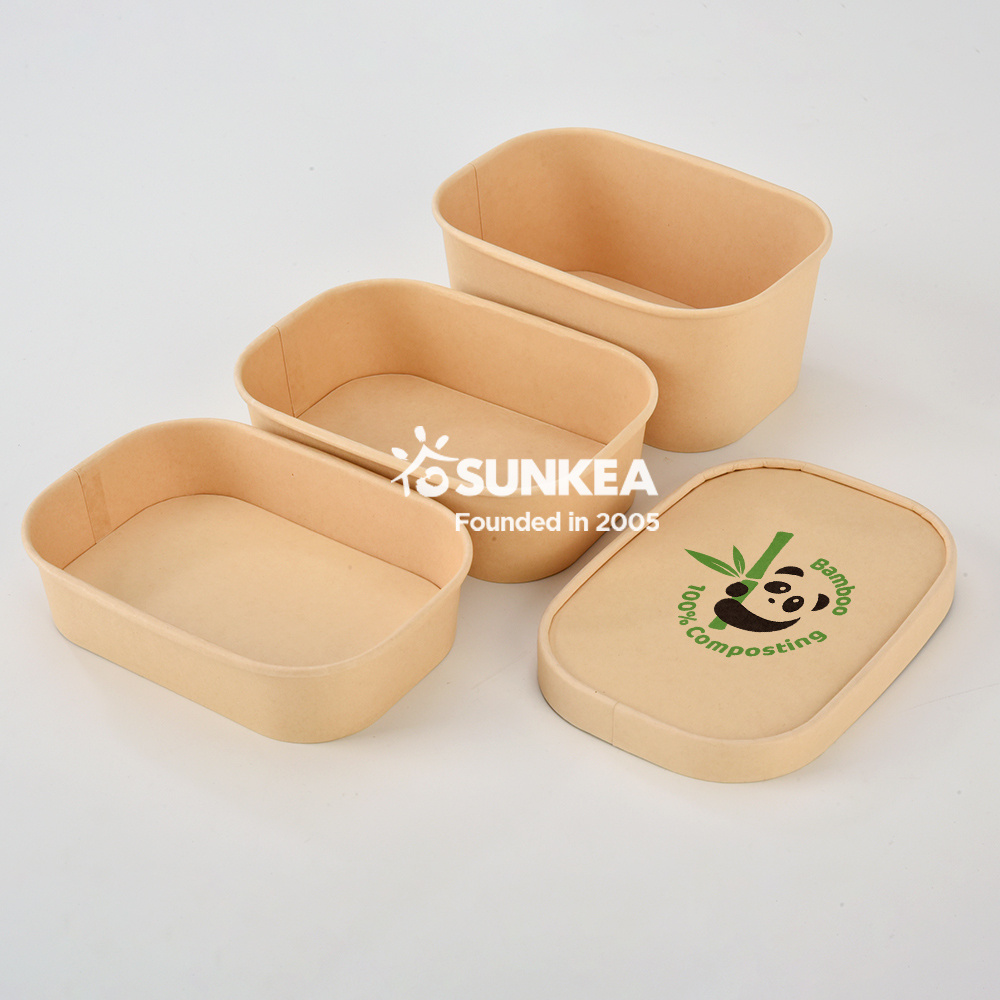 Disposable Logo Printed Rectangular Biodegradable Bamboo Salad Paper Bowl with Lid