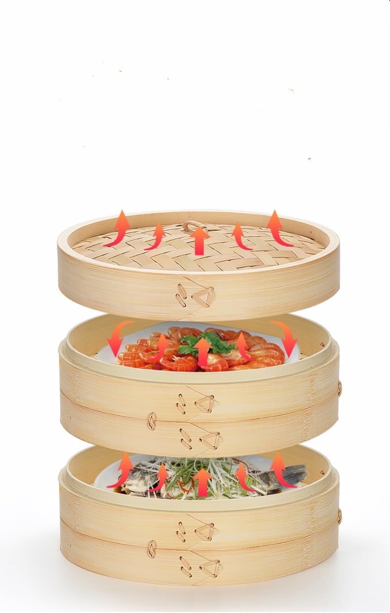 10-Inch Handmade Bamboo Steamer Basket 2-Tier Traditional Design for Induction Gas Wood Stainless Steel Glass Pot for Dumplings